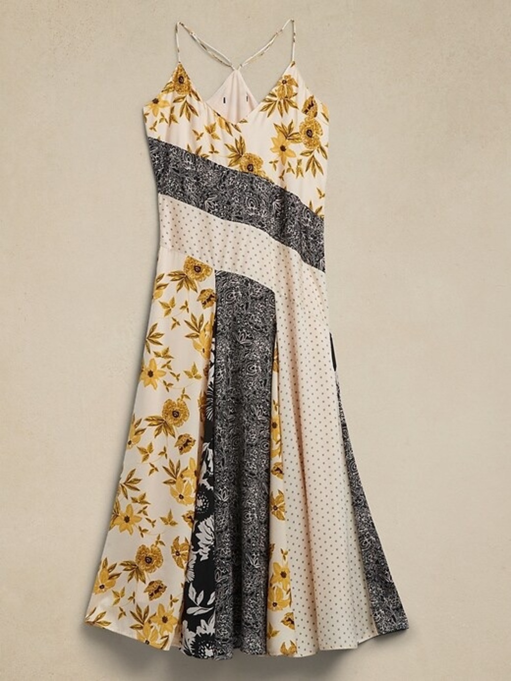 Banana Republic Factory Floral Patchwork Maxi Dress in Gold, Black, Large NWT